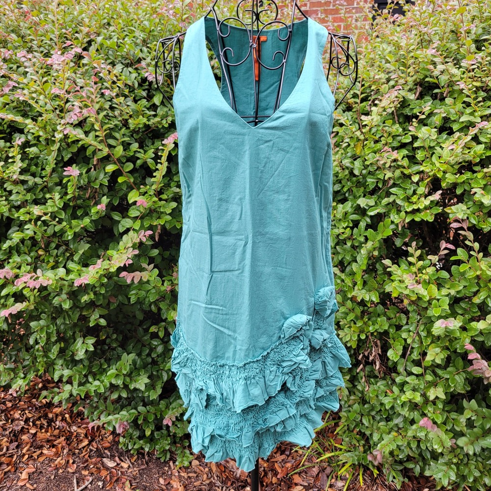 BCBGeneration S Mini Dress Teal Green Ruffle Tiered Hem V Neck Cotton Summer